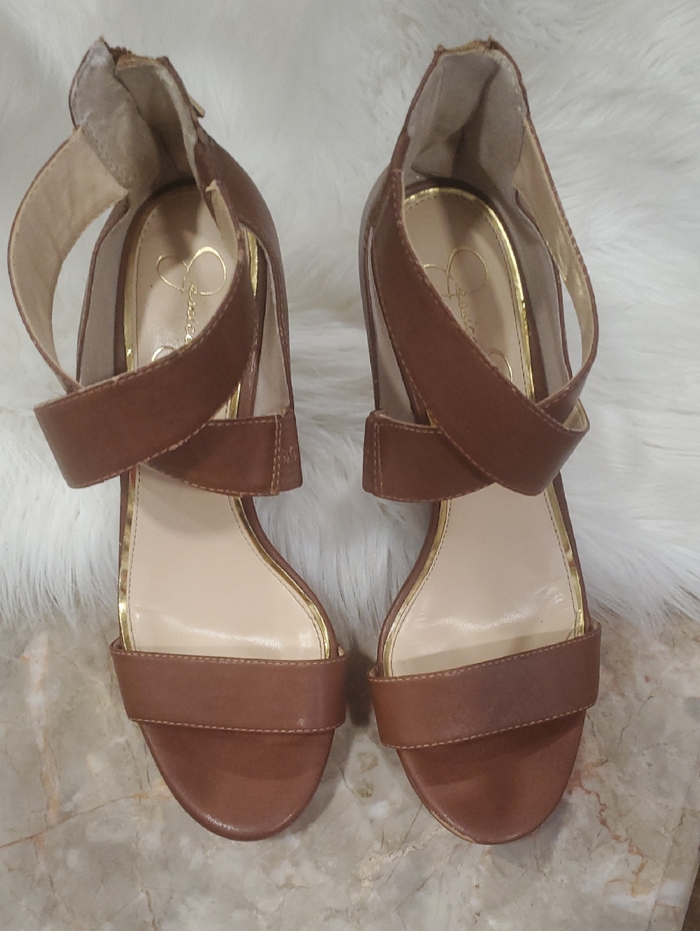 Jessica Simpson Brown Leather Crisscross Strap Wedge Heels Size 9
